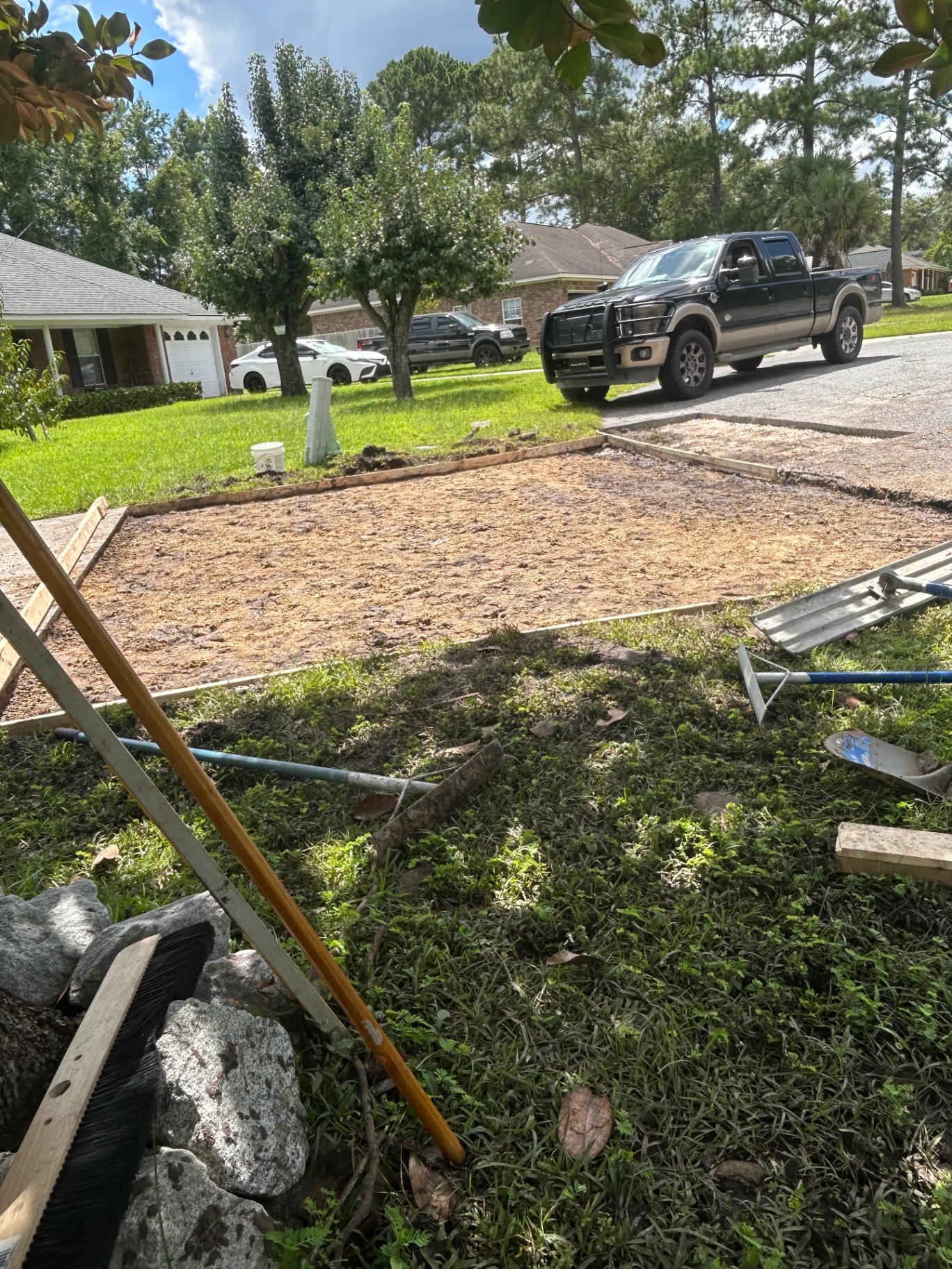 Driveway pad formed, prepped, and ready for concrete